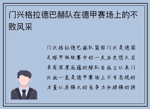 门兴格拉德巴赫队在德甲赛场上的不败风采